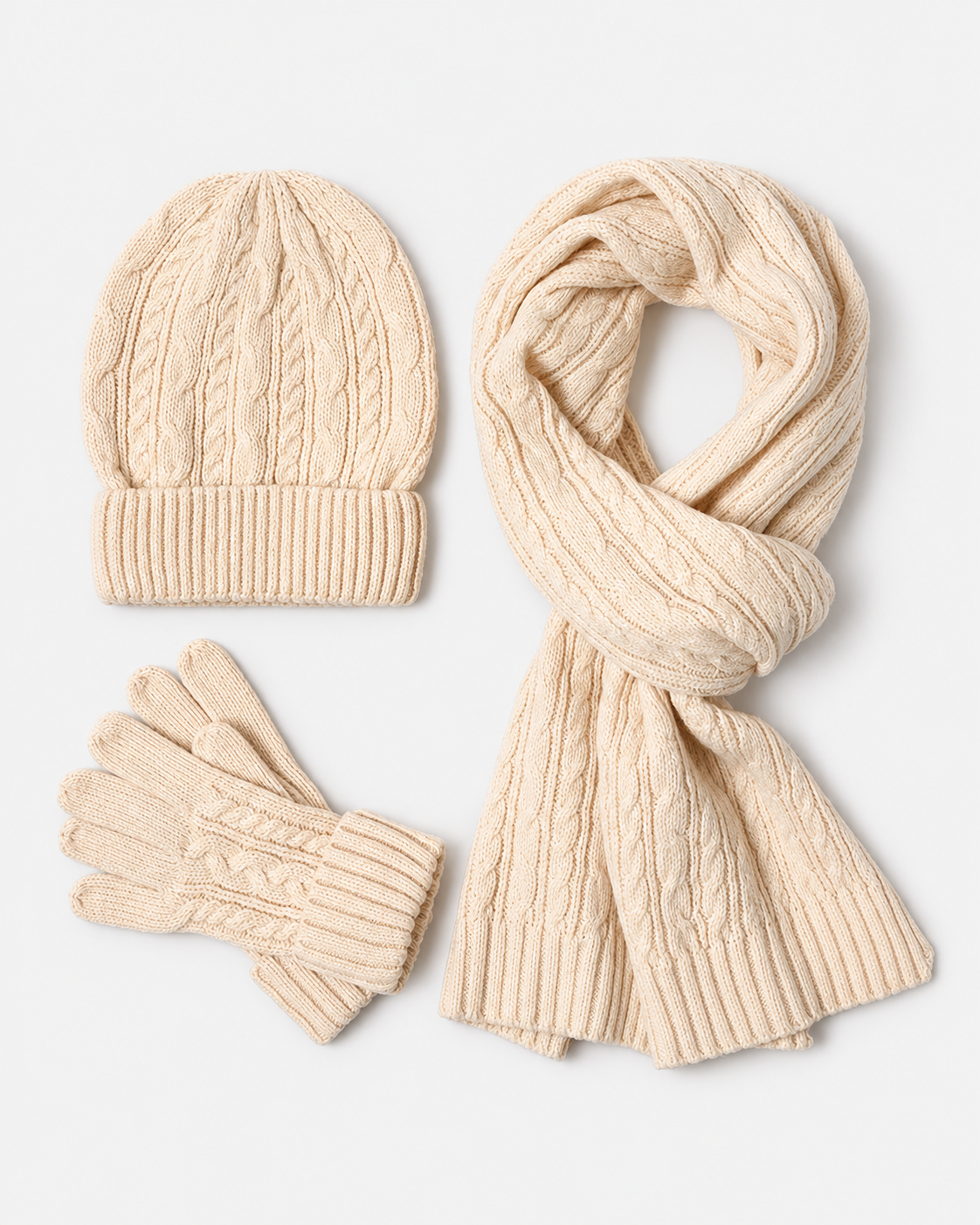 Womens Hat Scarf And Gloves Set Knitted Ribbed Cuff Winter Three Piece