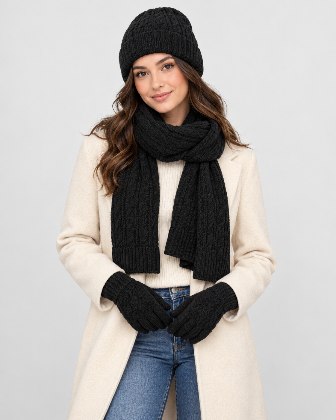 Womens Hat Scarf And Gloves Set Knitted Ribbed Cuff Winter Three Piece — view 5 of 5