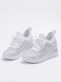 Womens Trainers Rhinestone Wedge Lace-Up Sparkle Mesh Sneakers