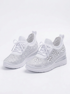 Womens Trainers Rhinestone Wedge Lace-Up Sparkle Mesh Sneakers
