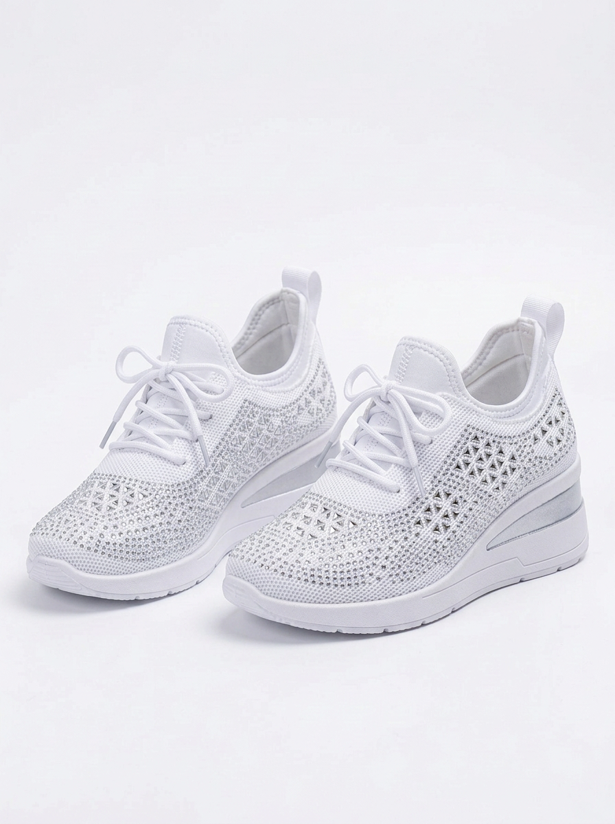 Womens Trainers Rhinestone Wedge Lace-Up Sparkle Mesh Sneakers
