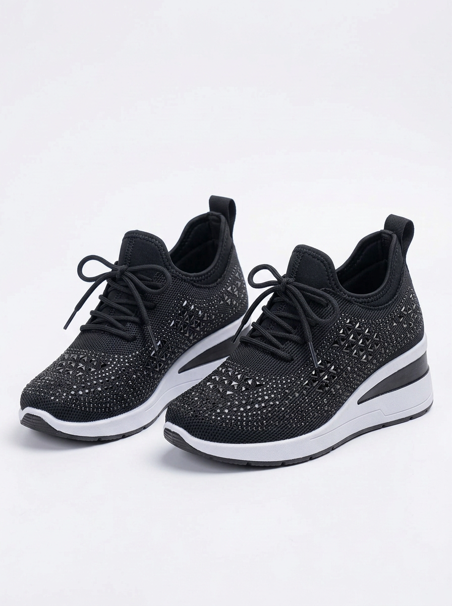 Womens Trainers Rhinestone Wedge Lace-Up Sparkle Mesh Sneakers — view 2 of 10