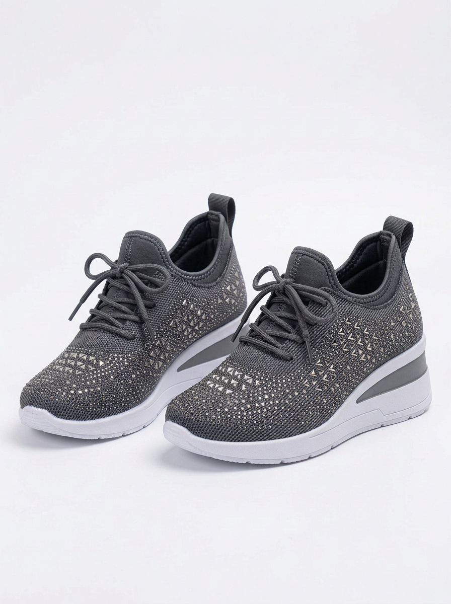 Womens Trainers Rhinestone Wedge Lace-Up Sparkle Mesh Sneakers — view 3 of 10