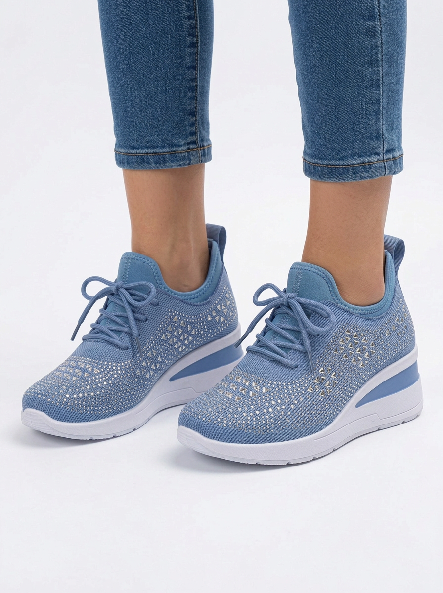 Womens Trainers Rhinestone Wedge Lace-Up Sparkle Mesh Sneakers — view 7 of 10