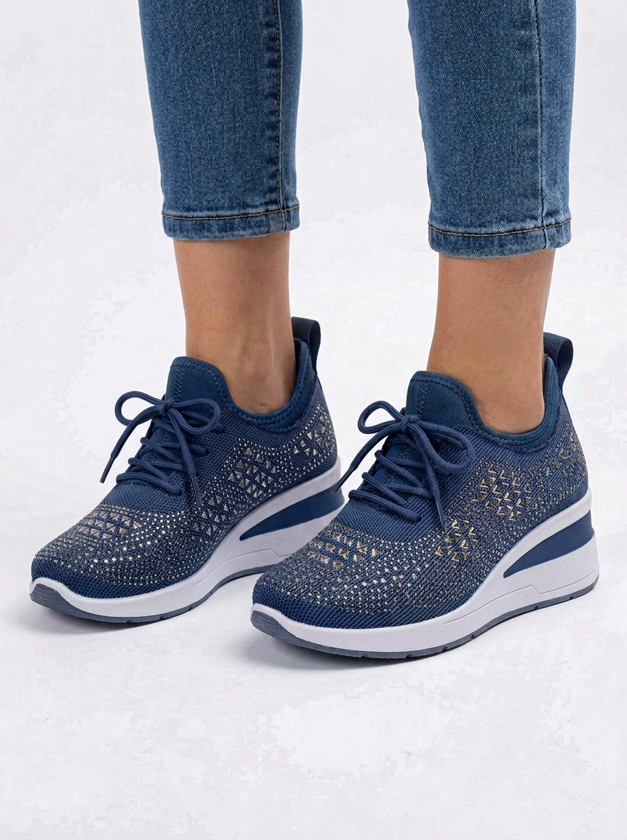 Womens Trainers Rhinestone Wedge Lace-Up Sparkle Mesh Sneakers — view 9 of 10